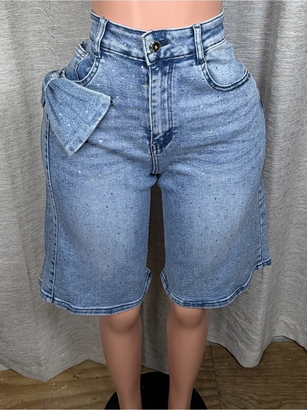 High-Rise Light Blue Denim Bermuda Shorts with Subtle Sparkle